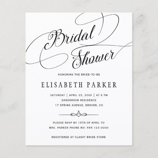 Budget-chic calligraphy bridal doucheuitnodiging flyer (Voorkant)