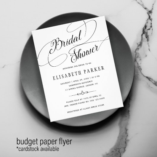 Budget-chic calligraphy bridal doucheuitnodiging flyer