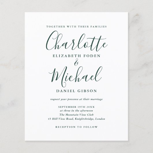 Budget Chic Emerald Script Weduwen Uitnodiging (Voorkant)