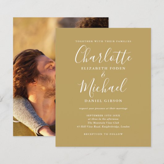 Budget Chic Gold Photo Weduwen Uitnodiging (Voorkant / Achterkant)