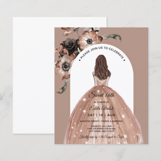 Budget Chic Pink Floral Sweet 16th Arch Invite (Voorkant / Achterkant)