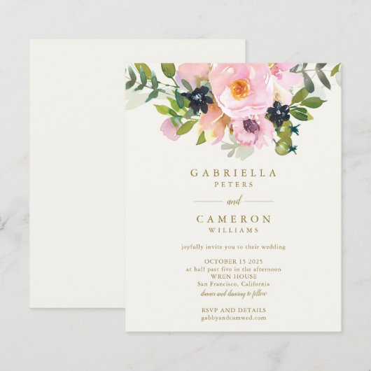 Budget Chic Pink Floral Waterverf Wedding Invite (Voorkant / Achterkant)