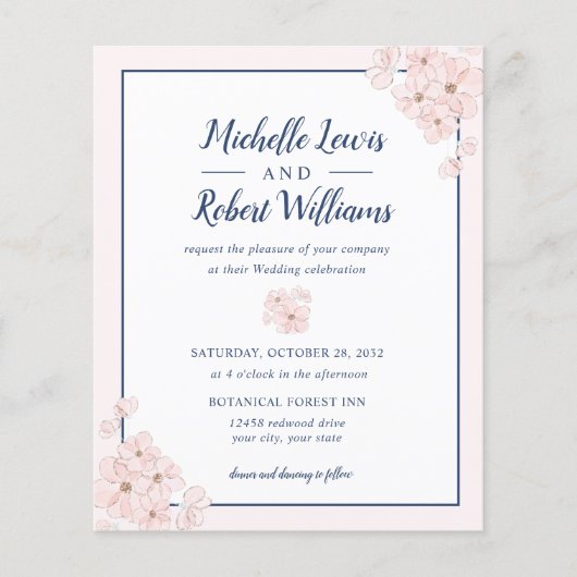 BUDGET Chic Pink Glitter Navy Blue Floral bruiloft (Voorkant)