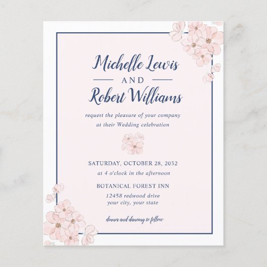 BUDGET Chic Pink Glitter Navy Blue Floral bruiloft (Voorkant)