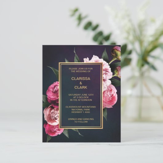 BUDGET Chic Pink Peony & Gold Wedding Invitation (Staand voorkant)