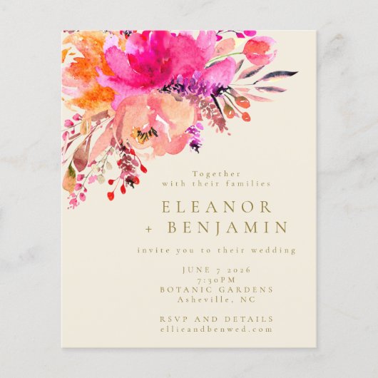Budget Chic Pink Waterverf Floral Wedding Invite (Voorkant)