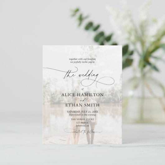 Budget Chic Script Photo Wedding Invitation (Staand voorkant)