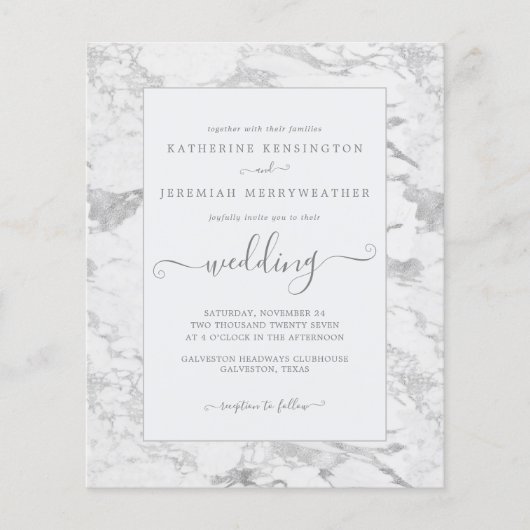 Budget Chic Silver Foil Marble Wedding Uitnodiging (Voorkant)