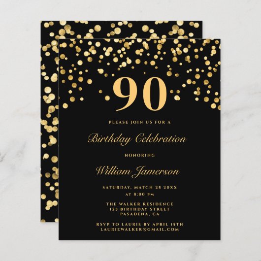 Budget Chic Zwart Goud 90e Verjaardag Uitnodiging (Voorkant / Achterkant)