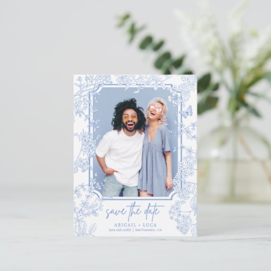 Budget Chinoiserie Toile Trouwdatum Foto opslaan Briefkaart (Staand voorkant)