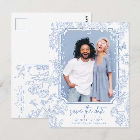 Budget Chinoiserie Toile Trouwdatum Foto opslaan Briefkaart (Voorkant / Achterkant)