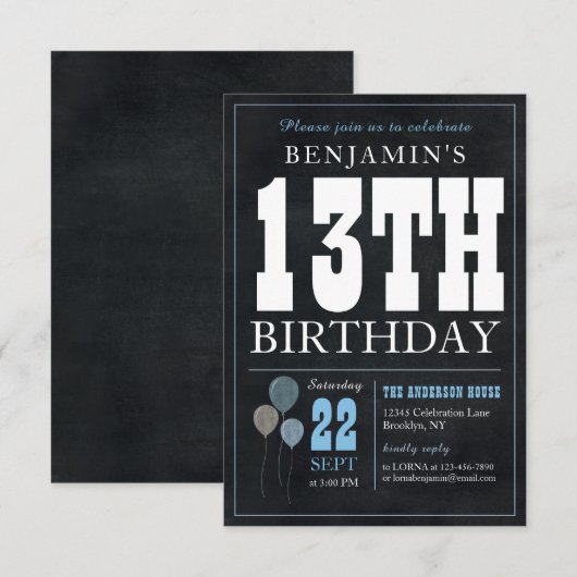 Budget Chique 13e verjaardag Chalkboard Blauwe Bal Notitiekaartje (Voorkant / Achterkant)