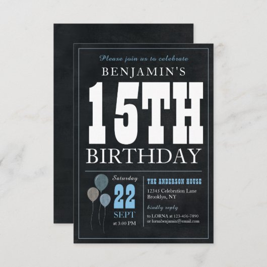 Budget Chique 15e verjaardag Chalkboard Blauwe Bal Notitiekaartje (Voorkant / Achterkant)