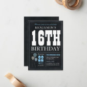 Budget Chique 16e verjaardag Chalkboard Blauwe Bal Notitiekaartje (Voorkant / Achterkant in situ)