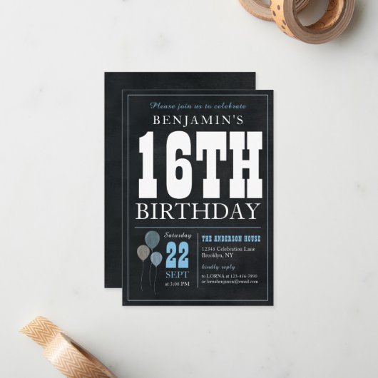 Budget Chique 16e verjaardag Chalkboard Blauwe Bal Notitiekaartje (Voorkant / Achterkant in situ)