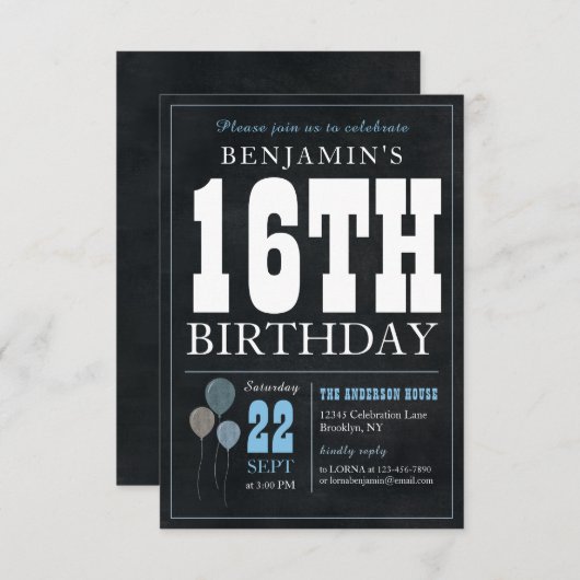 Budget Chique 16e verjaardag Chalkboard Blauwe Bal Notitiekaartje (Voorkant / Achterkant)