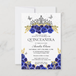 Budget Chique Blauw Bloemen Zilver Tiara Quinceane Notitiekaartje