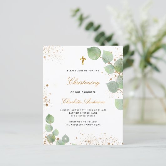 Budget christening eucalyptusscriptuitnodiging (Staand voorkant)