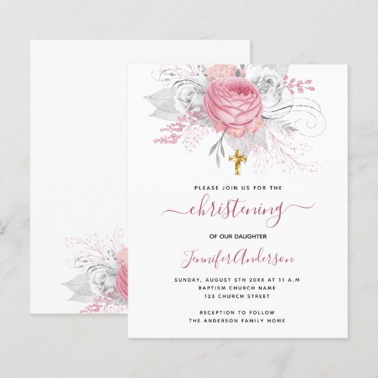 Budget Christening roze bloemenmeisje uitnodiging (Voorkant / Achterkant)