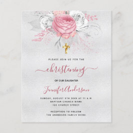 Budget Christening Silver Pinkflorale uitnodiging