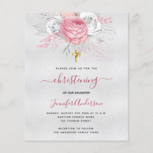 Budget Christening Silver Pinkflorale uitnodiging