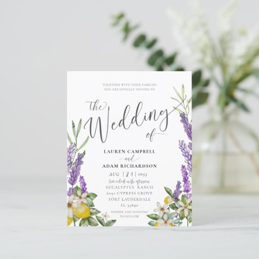 Budget Citroen & Lavendelblad Bruiloftsinvitaties (Staand voorkant)
