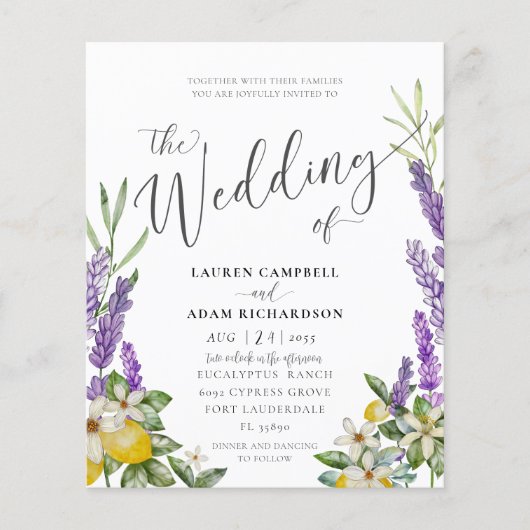 Budget Citroen & Lavendelblad Bruiloftsinvitaties (Voorkant)