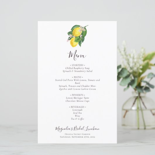 BUDGET Citrus Lemon Bridal Luncheon Menu (Staand voorkant)