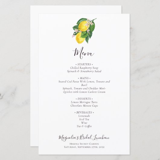 BUDGET Citrus Lemon Bridal Luncheon Menu (Voorkant / Achterkant)