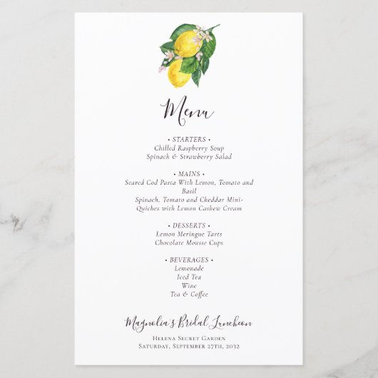 BUDGET Citrus Lemon Bridal Luncheon Menu (Voorkant)