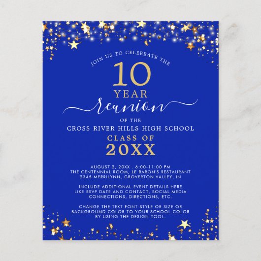 Budget Class Reunion Royal Blue Gold Uitnodiging (Voorkant)