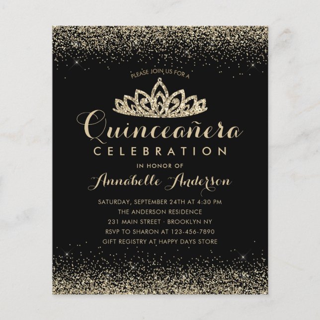Budget Classic Black Gold Quinceañera Tiara Invite (Voorkant)