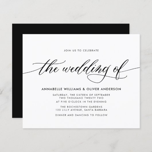 Budget Classic Black & White Wedding Invitation (Voorkant / Achterkant)