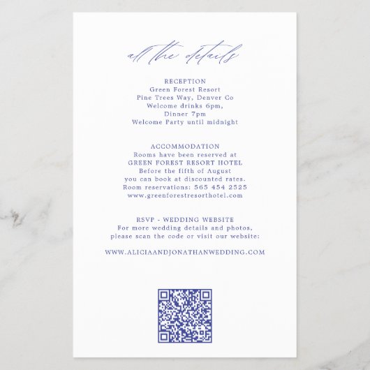 Budget classic blue all in one wedding invitation flyer (Achterkant)
