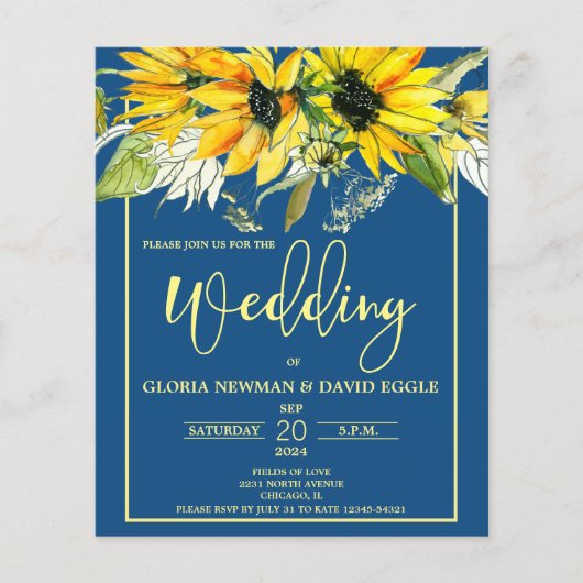 Budget Classic Blue Sunflower Weduwen Uitnodiging (Voorkant)