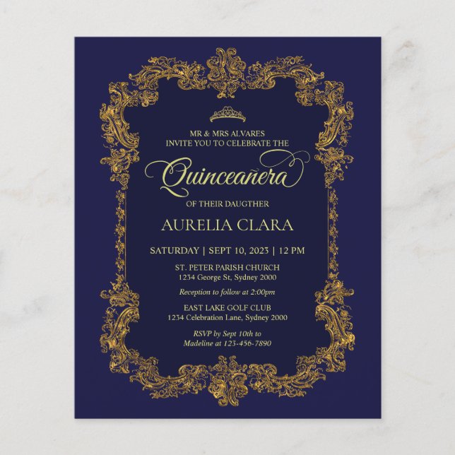 Budget Classic Elegant Navy Blauw Goud Quinceanera (Voorkant)
