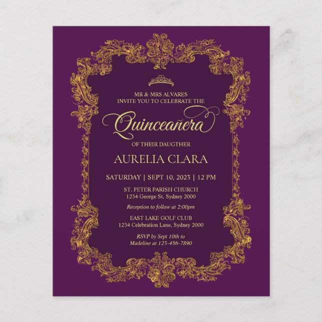 Budget Classic Elegant Paarse gouden Quinceanera (Voorkant)