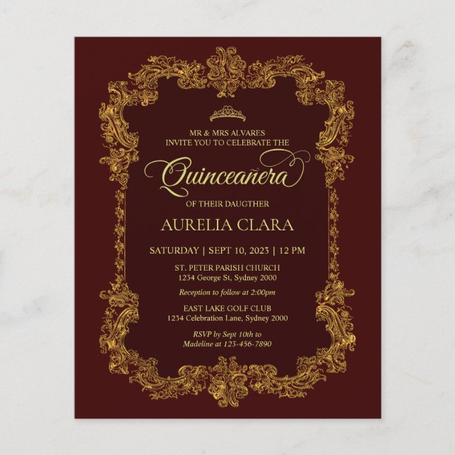 Budget Classic Elegant Rood Goud Quinceanera (Voorkant)