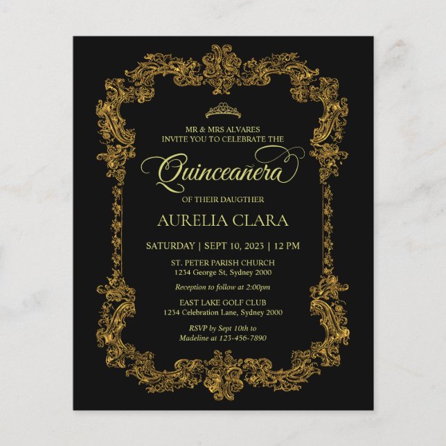Budget Classic Elegant Zwart Goud Quinceanera (Voorkant)