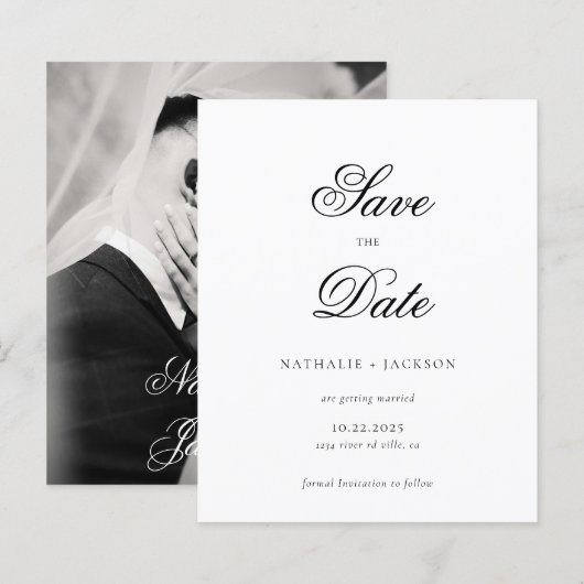 BUDGET Classic Script Photo Wedding Save the Date (Voorkant / Achterkant)
