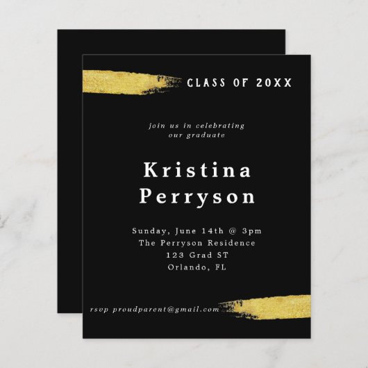 Budget Classy Black en Gold Afstuderen Invitation (Voorkant / Achterkant)