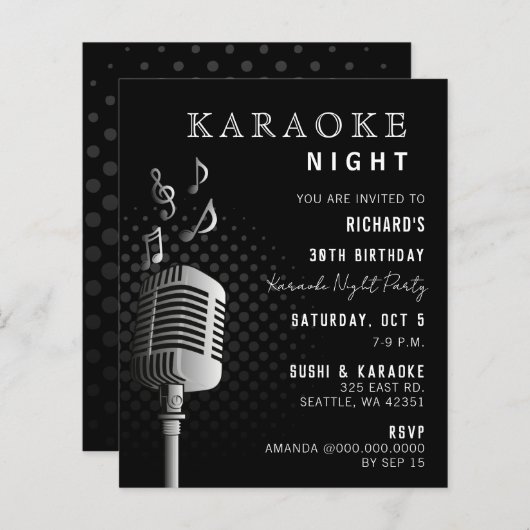 Budget Classy Black Karaoke Night Party Uitnodigin (Voorkant / Achterkant)