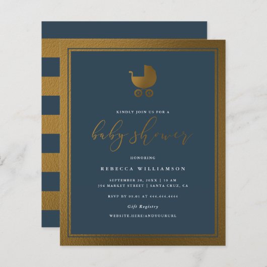 Budget Classy Navy Blue Gold Pram Boy Baby shower (Voorkant / Achterkant)