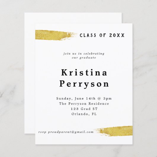 Budget Classy White en Gold Afstuderen Invitation (Voorkant / Achterkant)