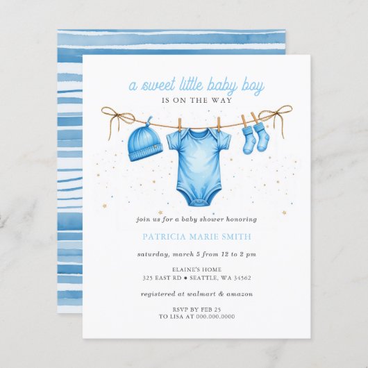 Budget Clothesline Blue Boy Baby Shower invitation (Voorkant / Achterkant)