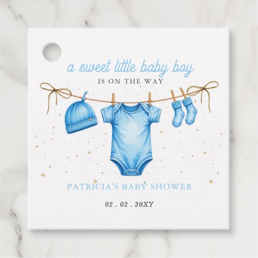 Budget Clothesline Blue Boy Baby Shower invitation Bedankjes Labels (Voorkant)