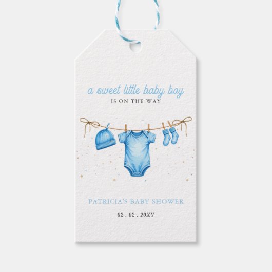 Budget Clothesline Blue Boy Baby Shower invitation Cadeaulabel (Voorkant)