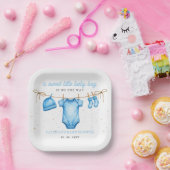 Budget Clothesline Blue Boy Baby Shower invitation Papieren Bordje (Feest)