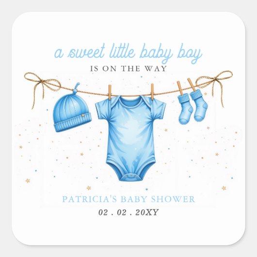 Budget Clothesline Blue Boy Baby Shower invitation Vierkante Sticker (Voorkant)