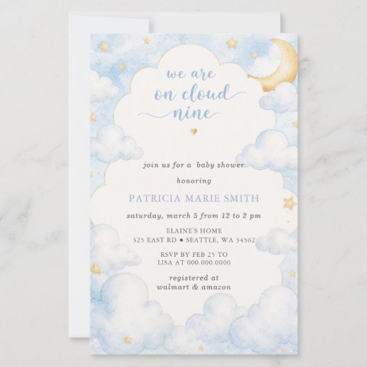 Budget Cloud Nine Baby Boy Baby Shower Uitnodiging (Voorkant)